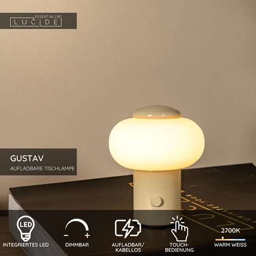 Lucide GUSTAV - wiederaufladbare Tischlampe - Akku/Batterie - Ø 8 cm - LED Dim. - 1x0,8W 2700K - Beige | Essential - USP